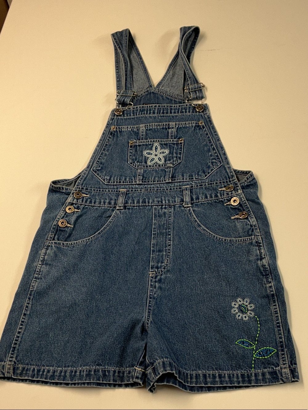 Route 66 vintage Denim Short Overalls with Embroidered Flower - Blue